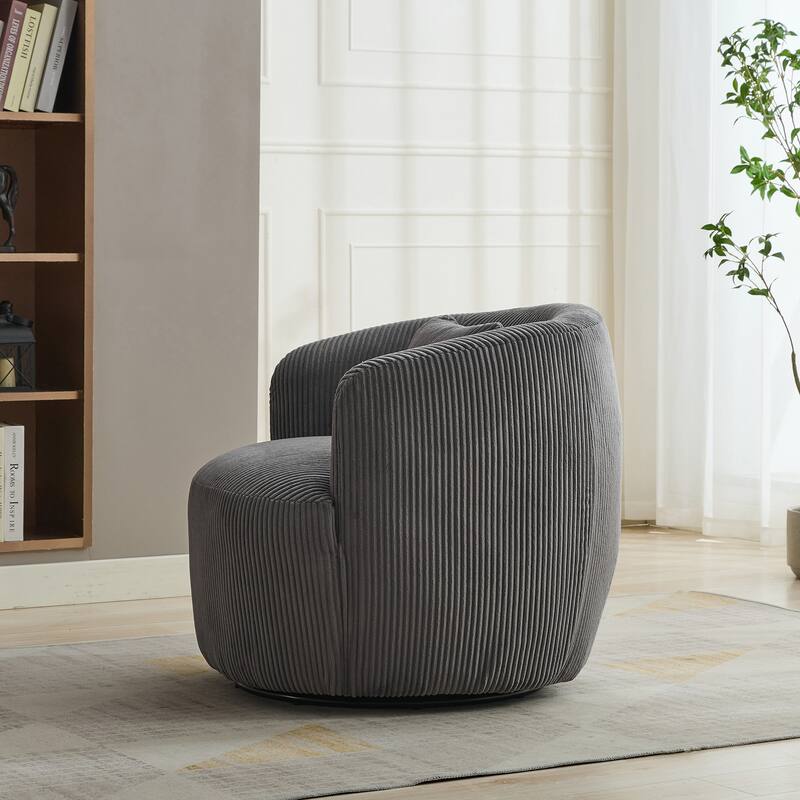 Corduroy Swivel Barrel Chair, Round Leisure Single Sofa Chair, Upholstered Accent Chair with Pillow & Stripe Curved Backrest