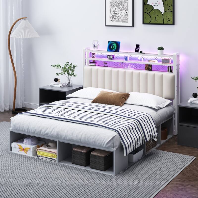 Adjustable Upholstered Headboard with 3 Tier Shelves with Charging Stations and LED Lights, Modern Bed Headboard with Storage