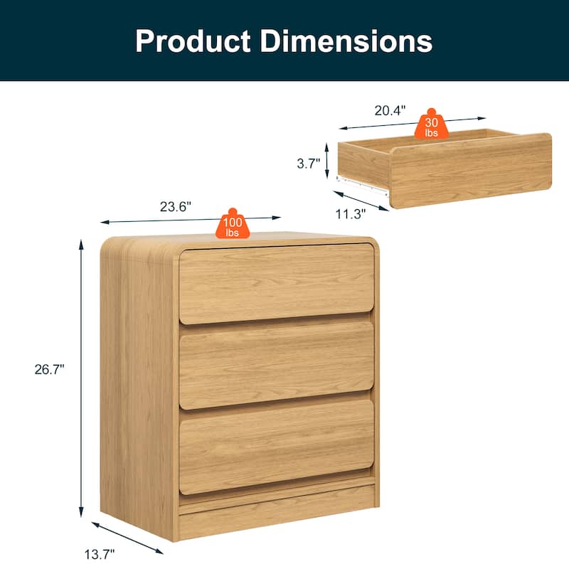 Modern Storage 3-Drawer Nightstand Set of 2 for Bedroom, Nursery, Living Room