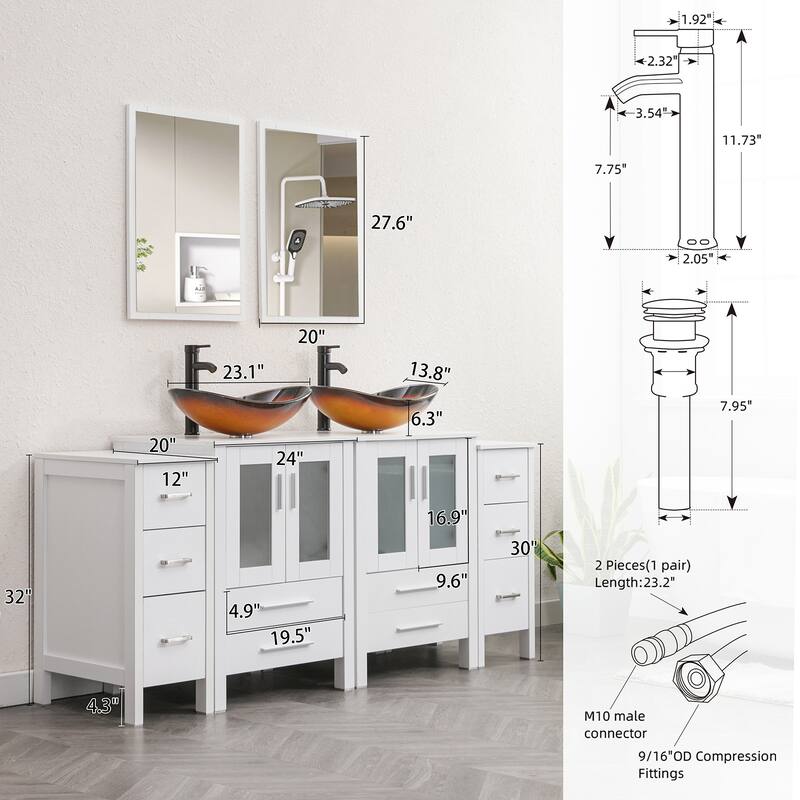 72" Bathroom Vanity Set Glass Ceramic Vessel Sink Side Cabinet Combo
