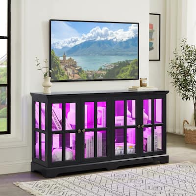 LED Curio Display Cabinet with Glass Doors Adjustable Shelves for Collectibles Four Door Design Vintage Showcase