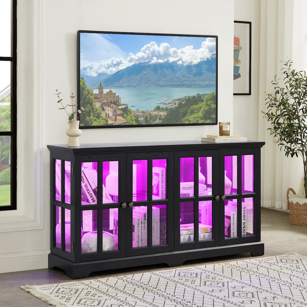 LED Curio Display Cabinet with Glass Doors Adjustable Shelves for Collectibles Four Door Design Vintage Showcase