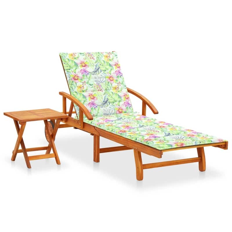 vidaXL Patio Lounge Chair Sunbed Sunlounger with Cushion Solid Acacia Wood - leaf pattern with Table
