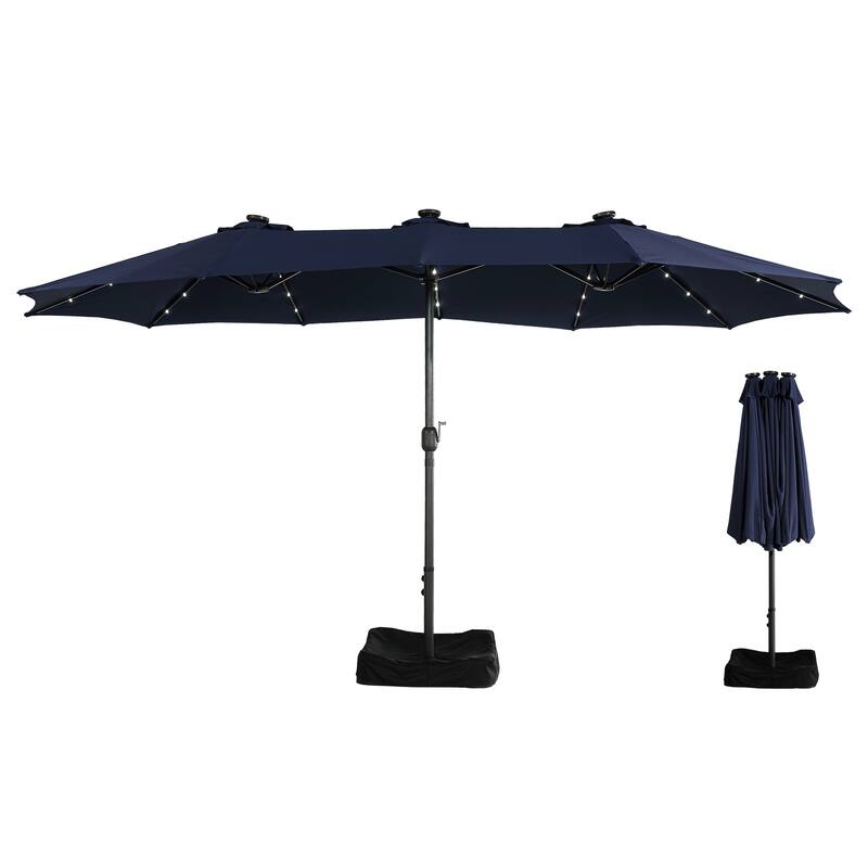 Clihome 15FT Double-Sided Solar Light Market Crank Umbrella with Base