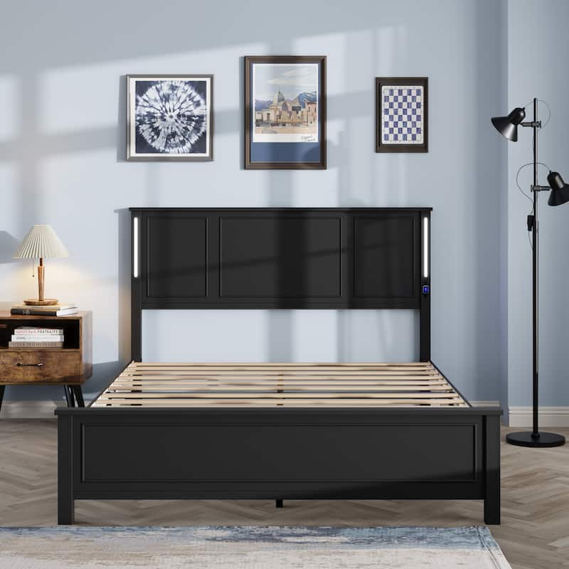 Queen Size Platform Bed with Wood Headboard,Charging Station and LED Lights