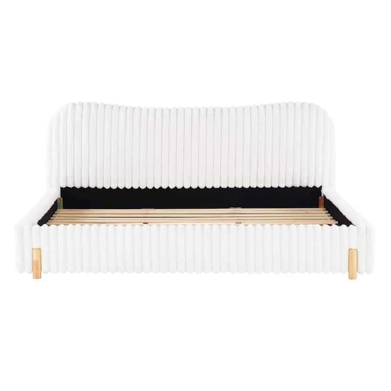 Sleek White Bouclé Upholstered Bed with Wavy Headboard & Vertical Stitching