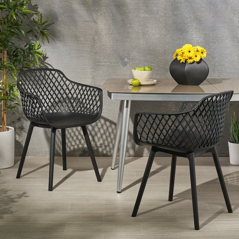 Roomfitters Contemporary Outdoor Armchairs with Diamond Cutout Design and Curved Seat, Stackable Seating Set of 2