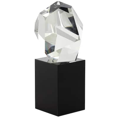 Glass Abstract Cut Stone Inspired Decorative Sculpture with Black Base - Clear - Roche River Decor