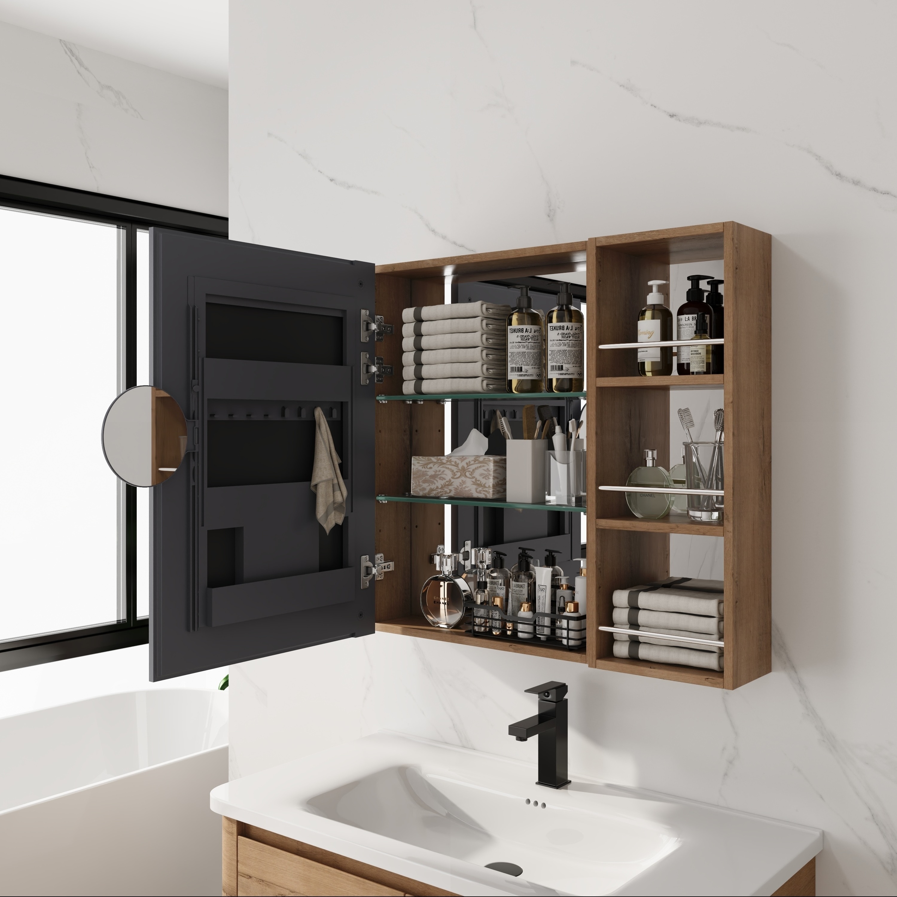 29.63" Bathroom Mirror Cabinet with Storage,Wall Mounted Medicine Cabinet with Mirror Door,Adjustable Glass Shelves,Plywood