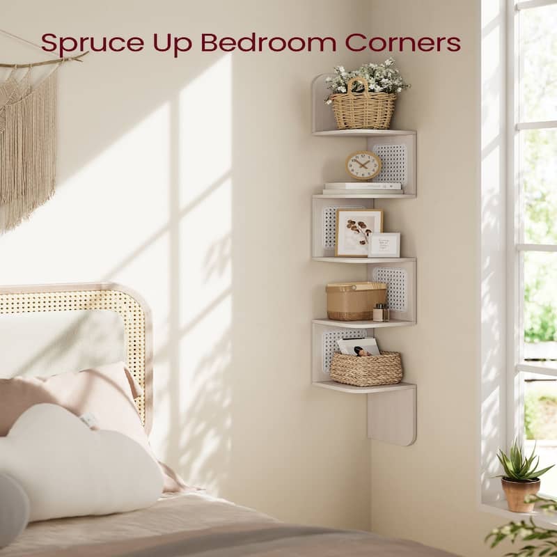 5-Tier Space-Saving Modern Zigzag Corner Shelf Wall-Mounted Display for Bedroom or Living Room - 7.9"D x 7.9"W x 49.6"H