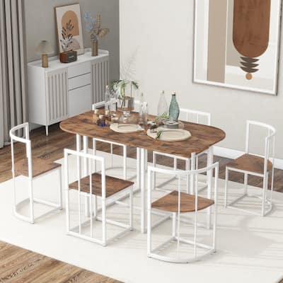 7-Piece Dining Table Set with Faux Marble and Wood Desktop Table and 6 Chairs with Iron Frame