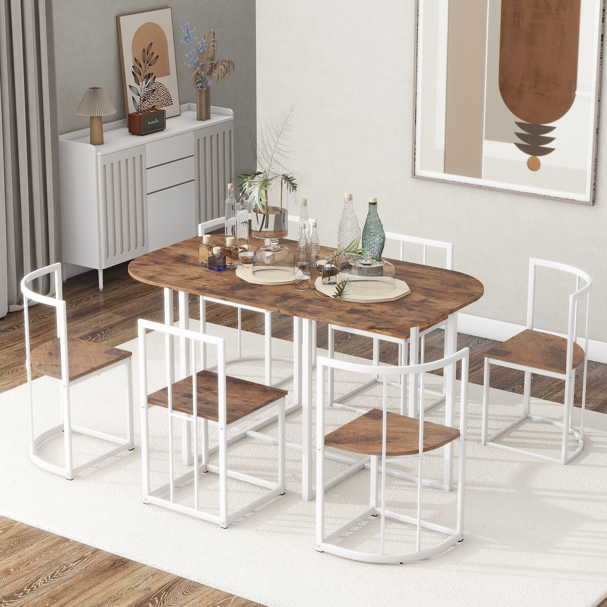 Modern 7 Piece Iron Oval Fixed Dining Table Set with 55Inch