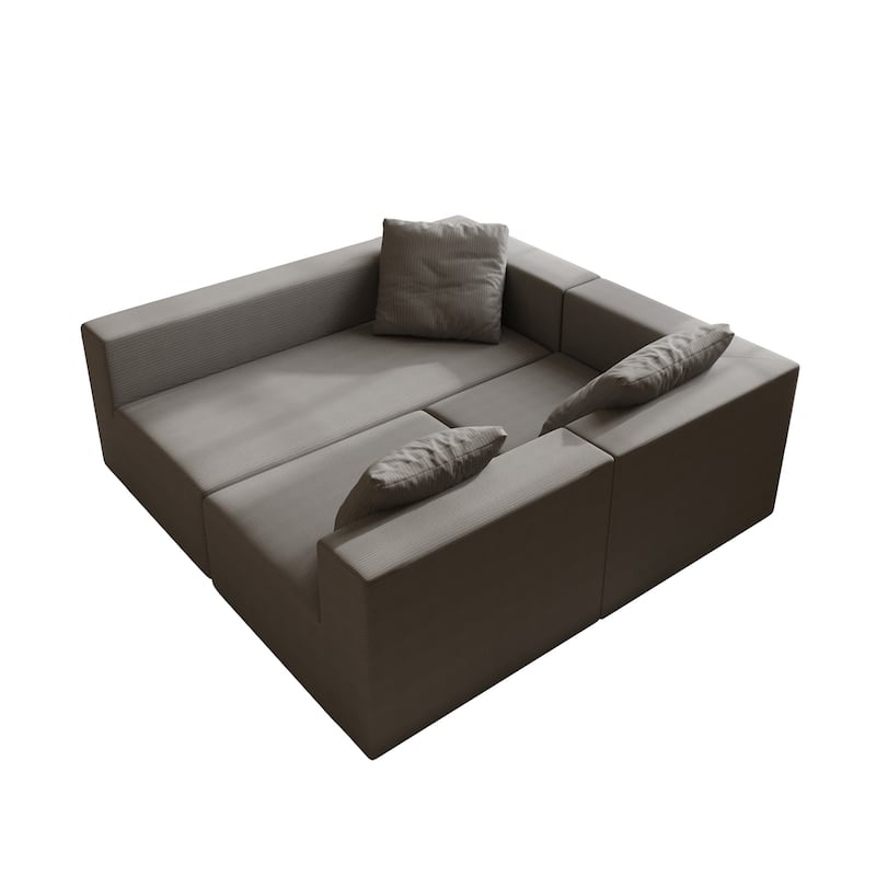 Corduroy Chaise Sectional Couch Convertible into Sleeper Sofa Bed, Deep Seating Modular Compression Sofa for Living Room