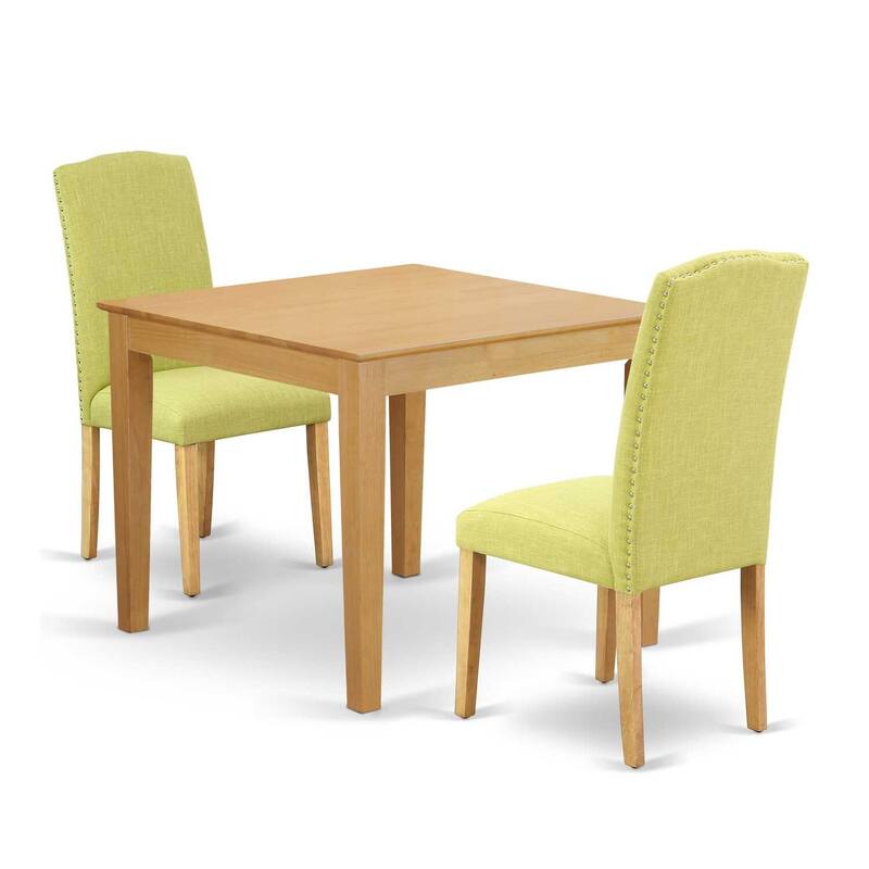 Rustic Dining Set 3Pc Square Table & 2 Parson Chairs - Oak Legs, Linen Fabric - HomeStock