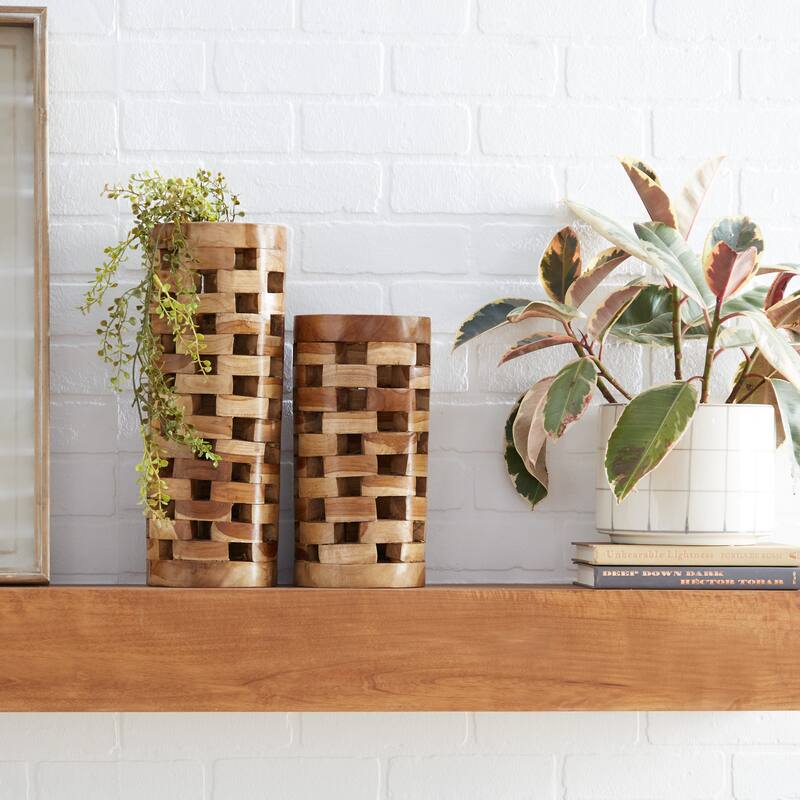 Brown Teak Wood Handmade Decorative Vase with Cut Out Patterns (Set of 2)