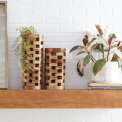 Brown Teak Wood Handmade Decorative Vase with Cut Out Patterns (Set of 2)