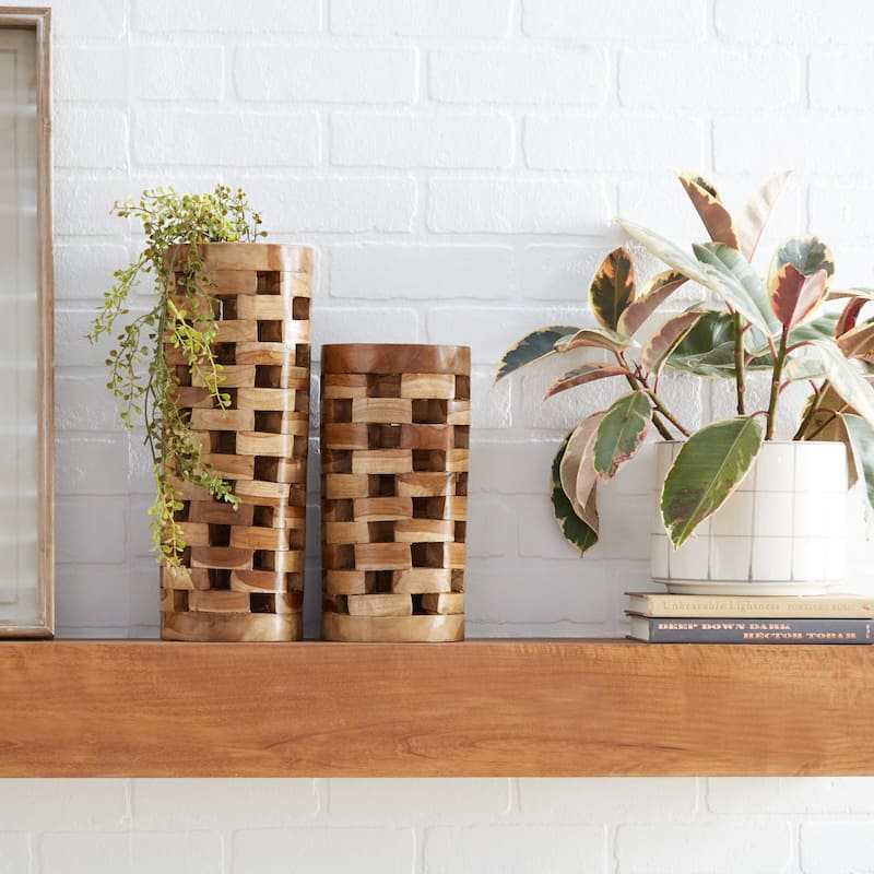 Teak Wood Handmade Vase with Cut Out Patterns - Set of 2 Brown - Roche River Decor - 6"W x 6"L x 16"H
