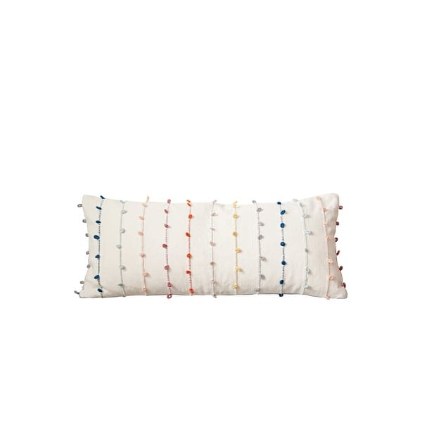slide 2 of 9, White Cotton Pillow with Multicolor Embroidered Loop Stripes