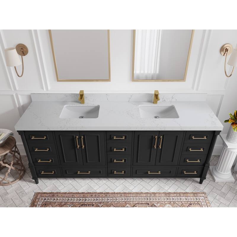 Willow Collections 84 in. W x 22 in. D Aberdeen Double Bowl Sink Bathroom Vanity with Countertop - 2" Empira White - Black