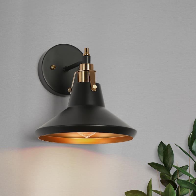 Modern 1-Light Black Gold Wall Sconce Industrial Metal Cone Shade Vanity Light Fixture for Bathroom - 8.5" L x 8.5" W x 9" H