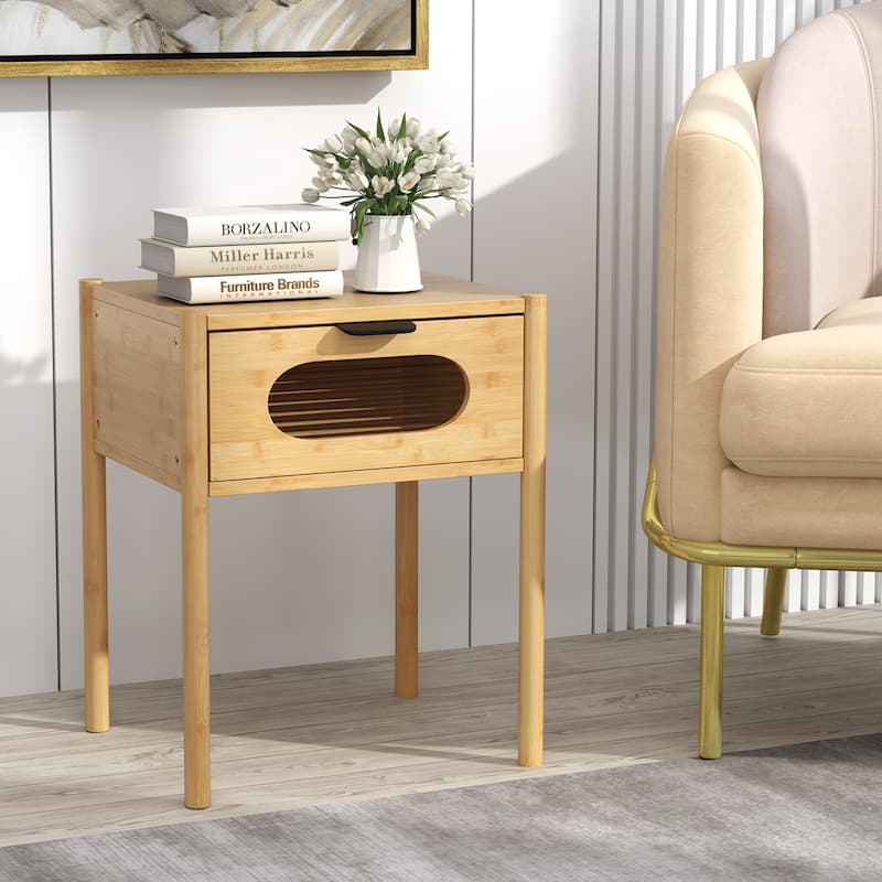 Gymax Bamboo Nightstand Farmhouse Bedside Table w/ Tempered Glass