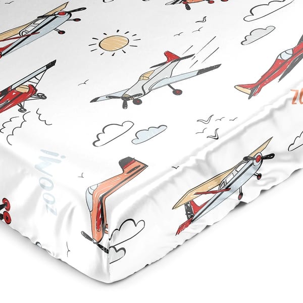 slide 2 of 6, Sweet Jojo Designs Vintage Airplane Boy Satin Fitted Crib Sheet Yellow Orange Red White and Blue Airplanes Transportation Clouds