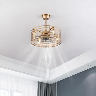 20" Matte Gold Modern Caged Ceiling Fan With Light Invisible Blades