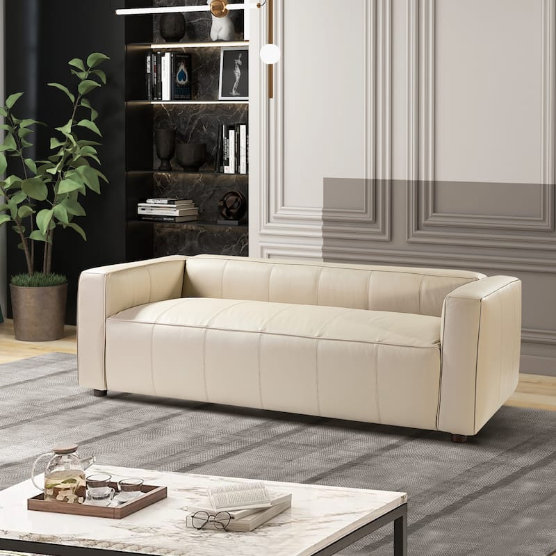 Donia Mid-Century Modern Leather 82" Curved Sofa with Wooden Legs by HULALA HOME