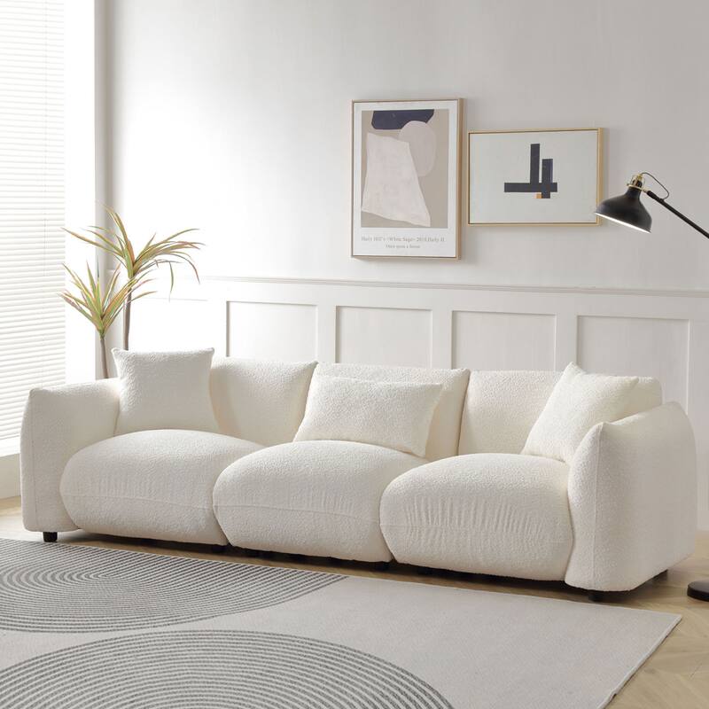 Upholstered Comfortable Soft Lamb Down White Sectional Sofa Couch with Ottoman - Beige