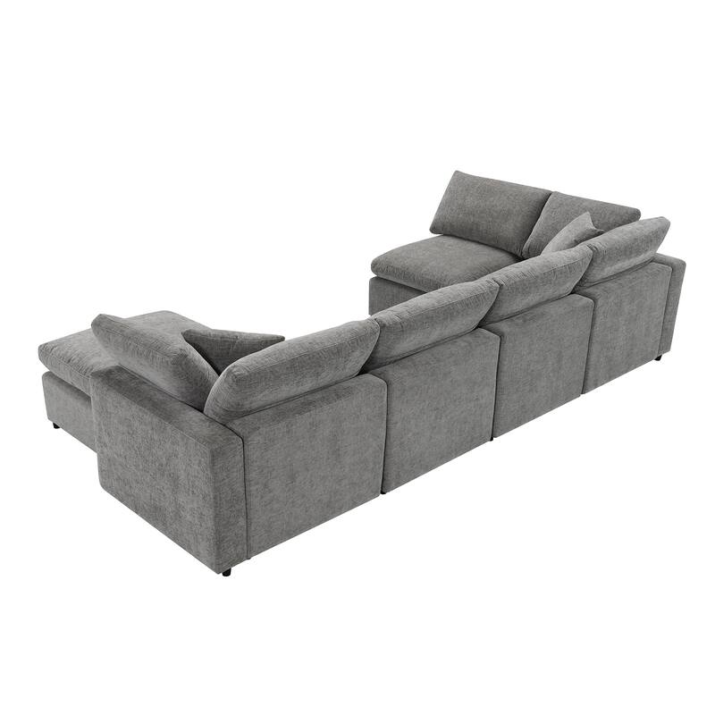130" Chenille Modular Cloud Sofa with Ottoman, U-Shaped 6-Seater, 330lb Capacity