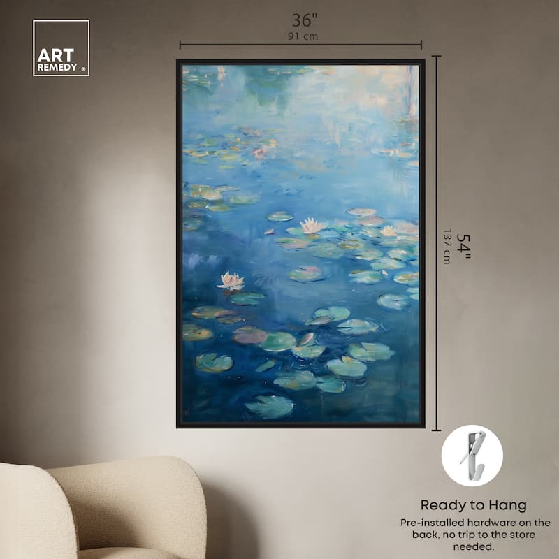 Art Remedy Lilypads In Blues Framed Impressionism 1 Piece Canvas Wall Art /Monet And Van Gogh Inspired Art
