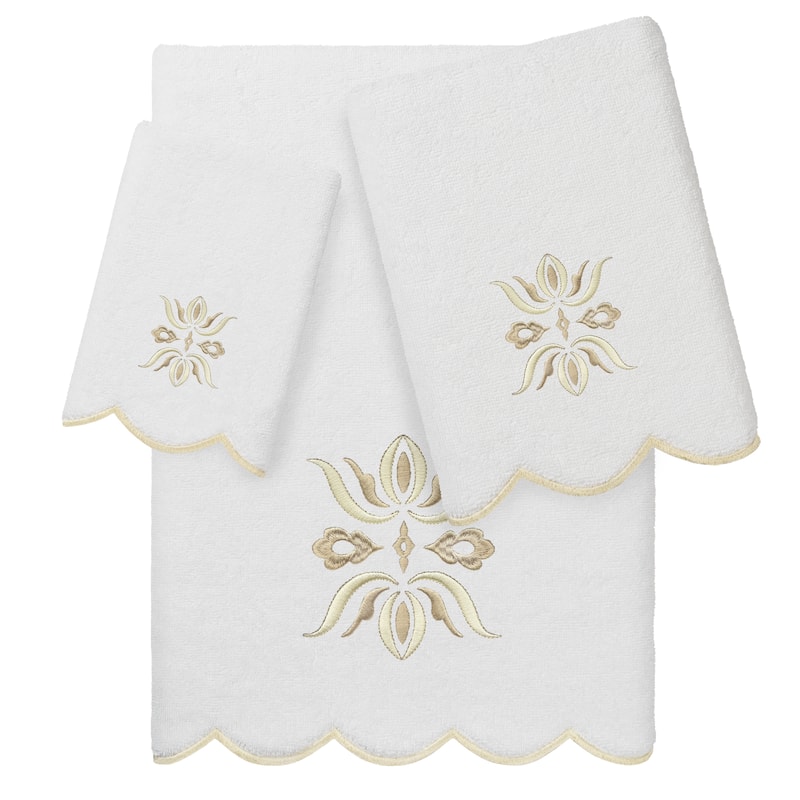 Authentic Hotel and Spa 100% Turkish Cotton FLOWER CREST Scallop Towel Collection - White/Beige - 3 Piece Set