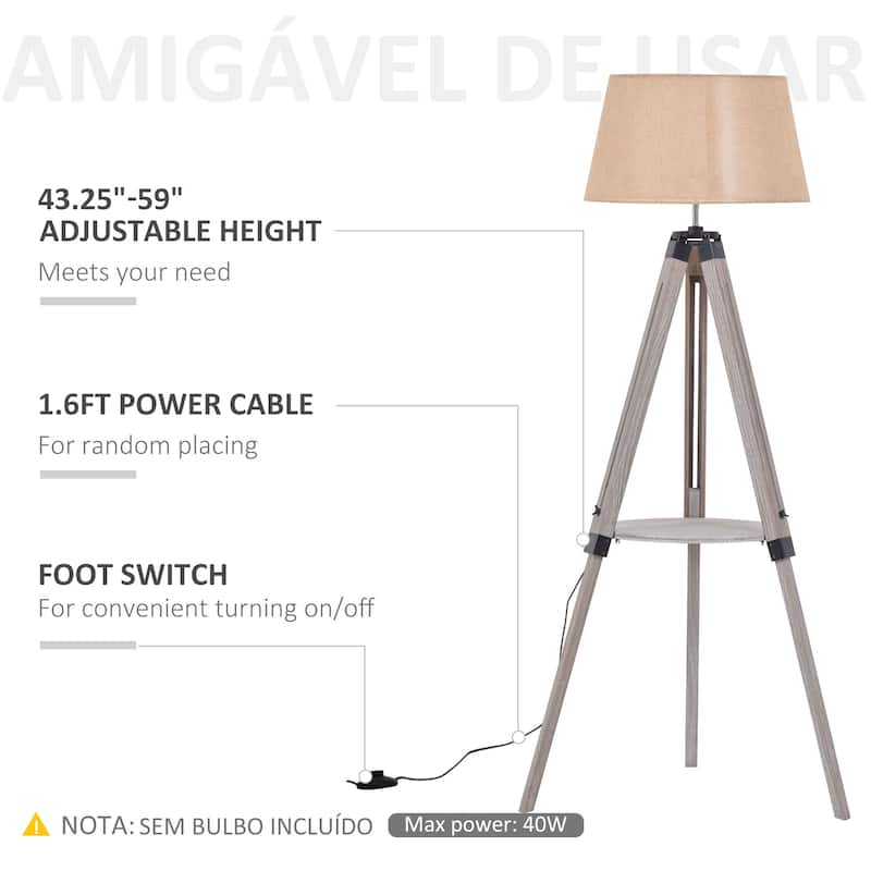 HOMCOM Multifunctional Floor Lamp with Shelf Height Adjustable Standing Lamp Contemporary 2-in-1 Cloth Lampshade E26 Lamp Holder