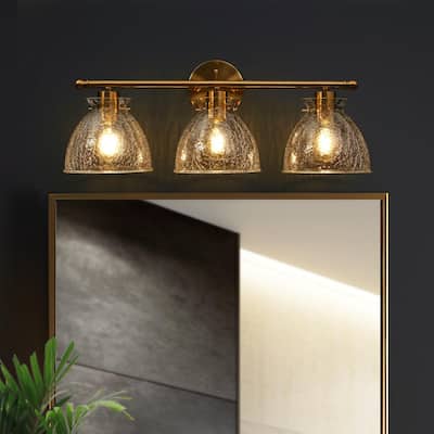 Uolla Modern 3-Light Glam Gold Linear Dome Bathroom Vanity Lights with Crackle Glass - L 23.6" x W 8.2" x H 9"