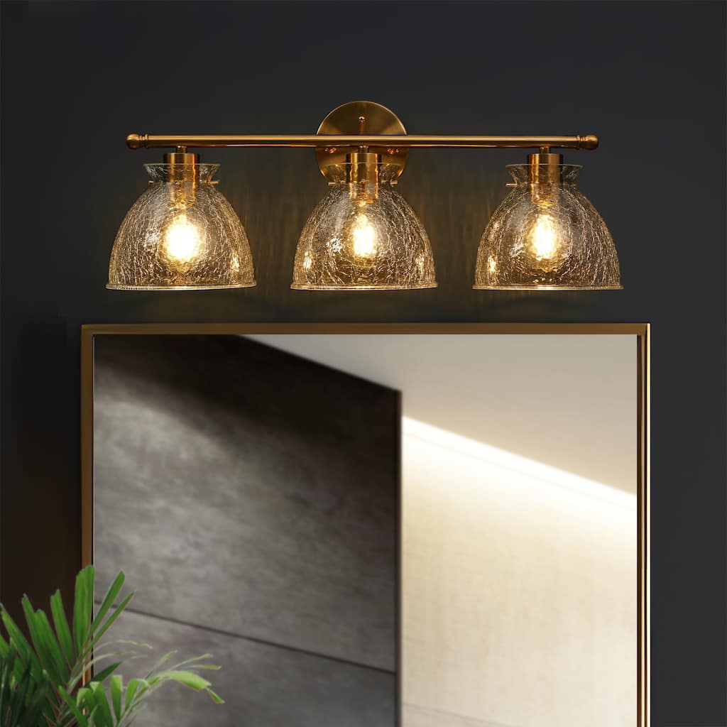 Uolla Modern 3-Light Glam Gold Linear Dome Bathroom Vanity Lights with Crackle Glass - L 23.6" x W 8.2" x H 9"