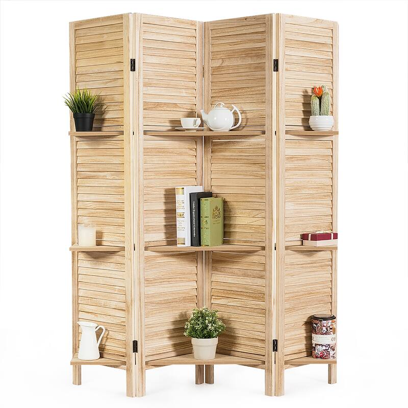4 Panel 5.6 Ft Tall Wood Room Divider with 3 Display Shelves - Brown