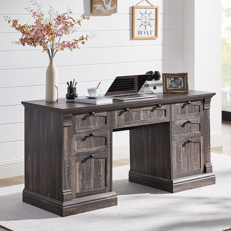 Farmhouse Computer Desk, Wood Home Office Desk with Charging Station - Dark Rustic Oak