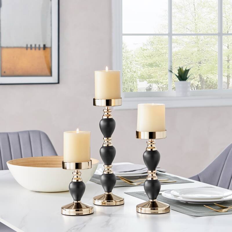 Sculpted Candlestick Taper Candle Holders - 11.75" - Black and Gold - Set of 3