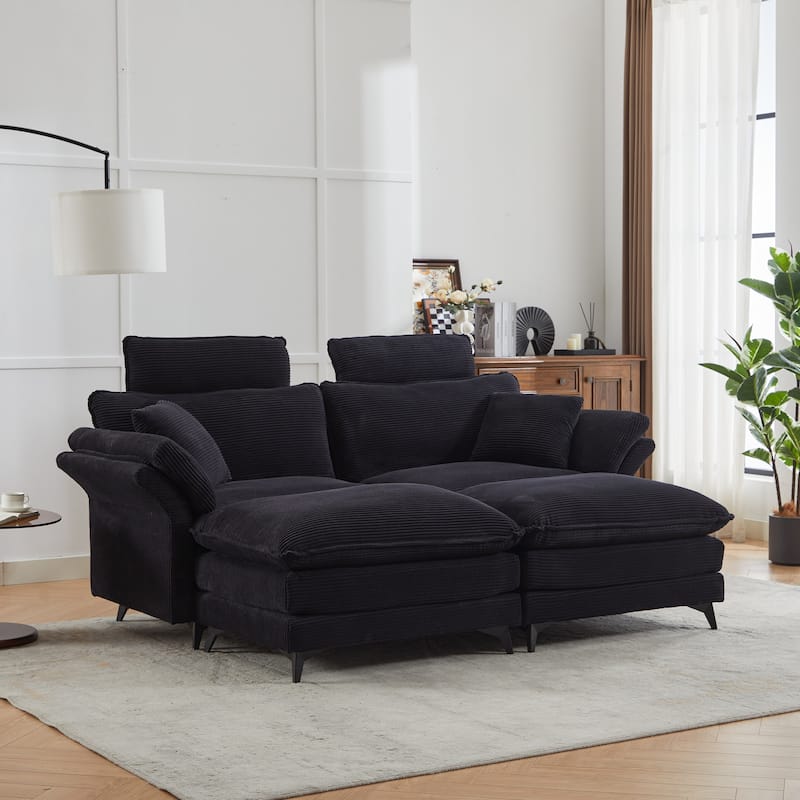 GDFStudio - Eulalie Deep-Seat Corduroy Sectional Sofa with 2 Ottomans