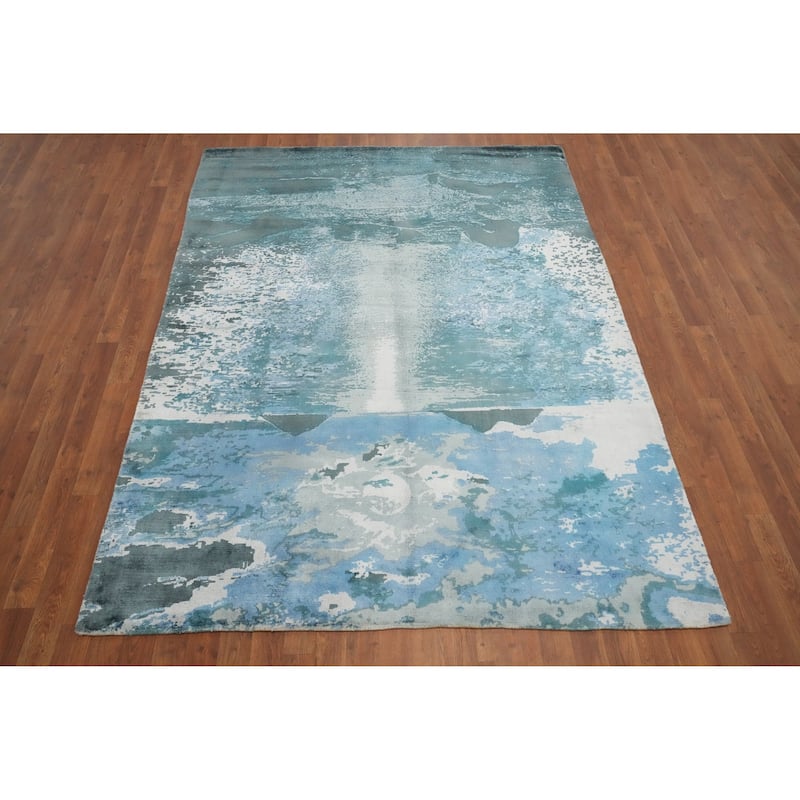 Hand Knotted Oriental Viscose Silk Carpet Modern Pictorial Navy Blue & Blues Abstract Area Rug - 7' 10'' X 5' 8''