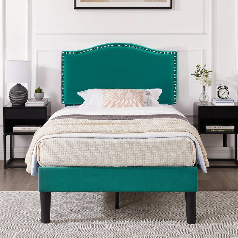 Javlergo Upholstered Platform Bed Frame with Adjustable Headboard, Strong Frame and Wooden Slats Support, Easy Assembly - Green - Twin