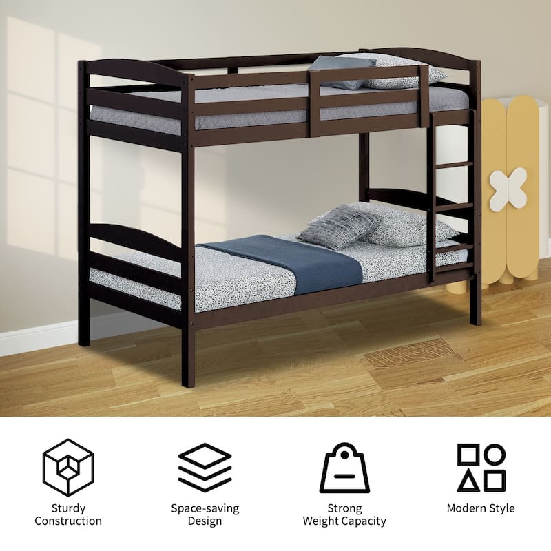 Modern Espresso Solid Wood Twin Over Twin Bunk Bed with Ladder