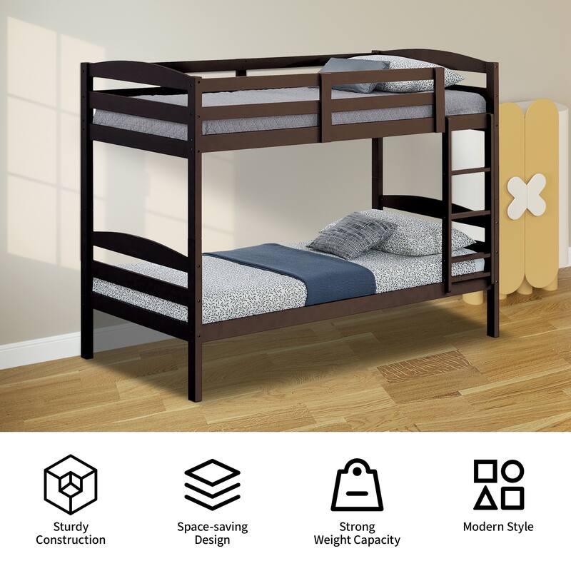 White/Espresso Wood Twin Over Twin Bunk Bed with Staircase