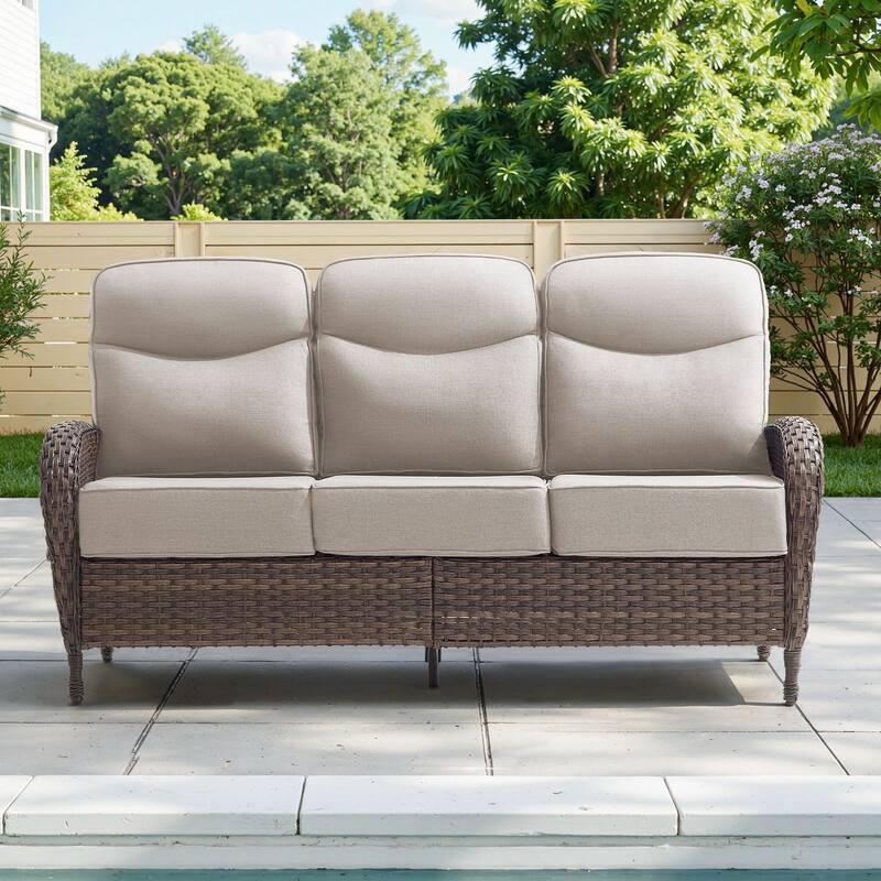 Meyreso 3-Seat Handwoven Wicker Patio Sofa with 6-Inch Thick Cushions