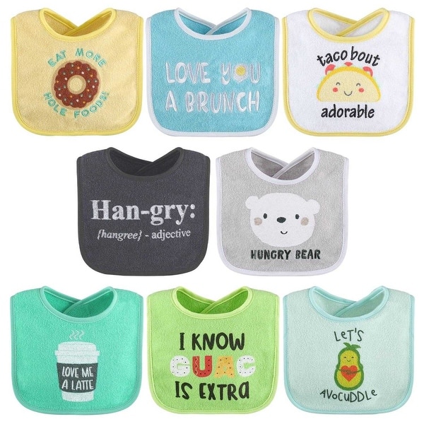 slide 2 of 7, The Peanutshell Terry Cotton Baby Bib Set, 8 Pack, Cute Foodie Sayings