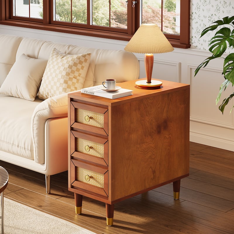Solid Wood End Table with 3 Rattan Drawers, Narrow Slim Nightstand