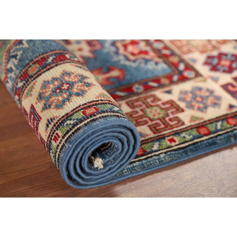 Blue Kazak Foyer Rug Handmade Geometric Wool Handmade Wool Carpet - 2'9" x 4'2"