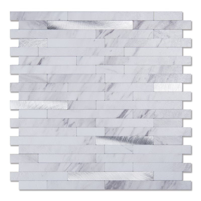 Art3d Peel and Stick Stone Backsplash Tile for Kitchen Bathroom(10 sq.ft/box) - Volakas White + Metal Silver