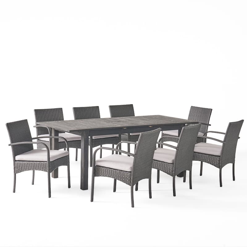 Elmar 9 Piece Outdoor Wood/Wicker Extending Dining Set by Christopher Knight Home