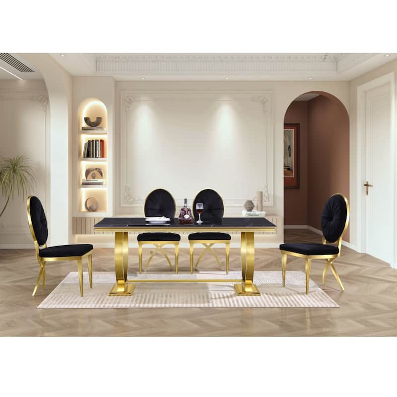 72 inch Rectangle Dining Table with Double Circle Pedestal in Black Gold